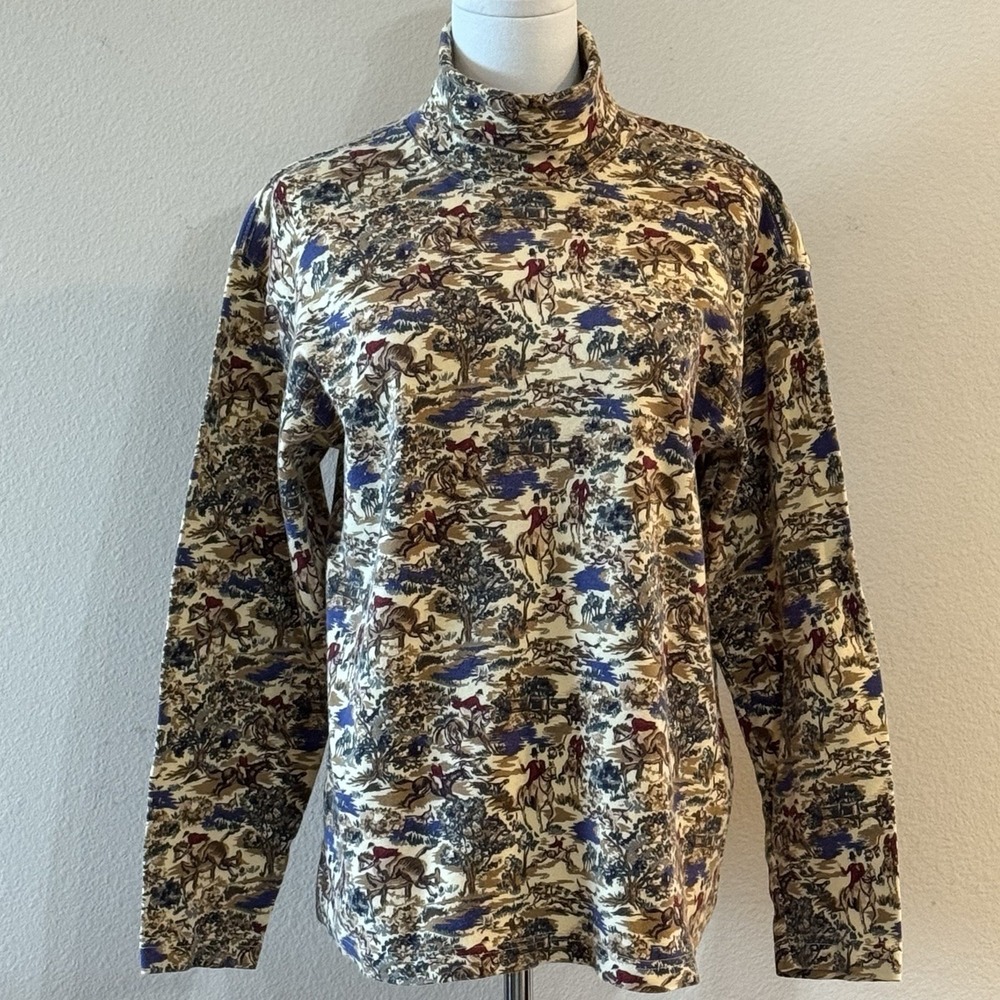 Vintage Talbots Equestrian Fox Hunt Toile Turtleneck M Horse English Country